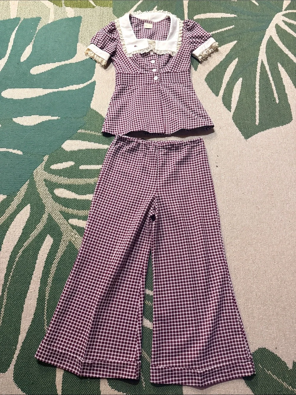Vintage burgundy Check coord matching Set with Lace Collar small